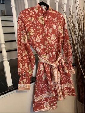 Rust Floral Button-Front Belted Kimono Style Dress